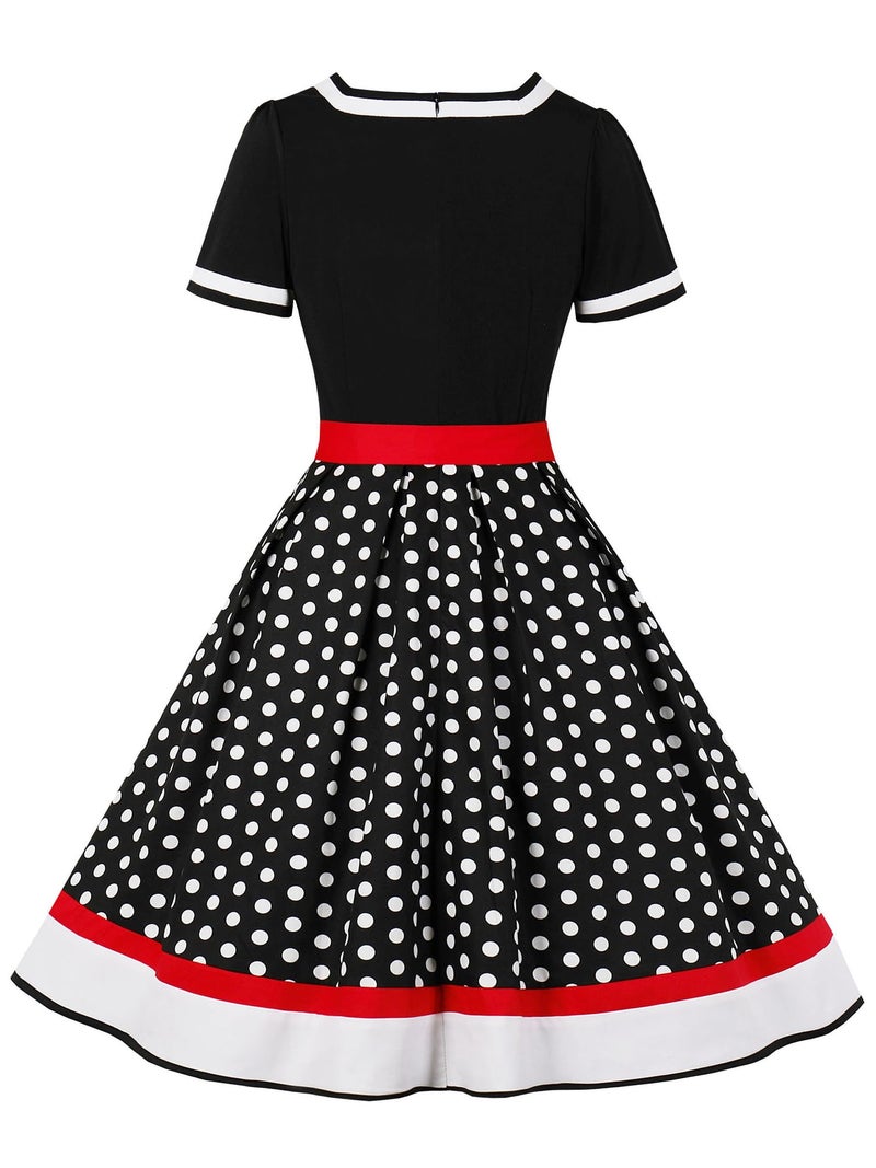 Nihsatin Vintage 1950s Retro Rockabilly Swing Dress Polka Dots Cocktail Dress with Belt - Image 2